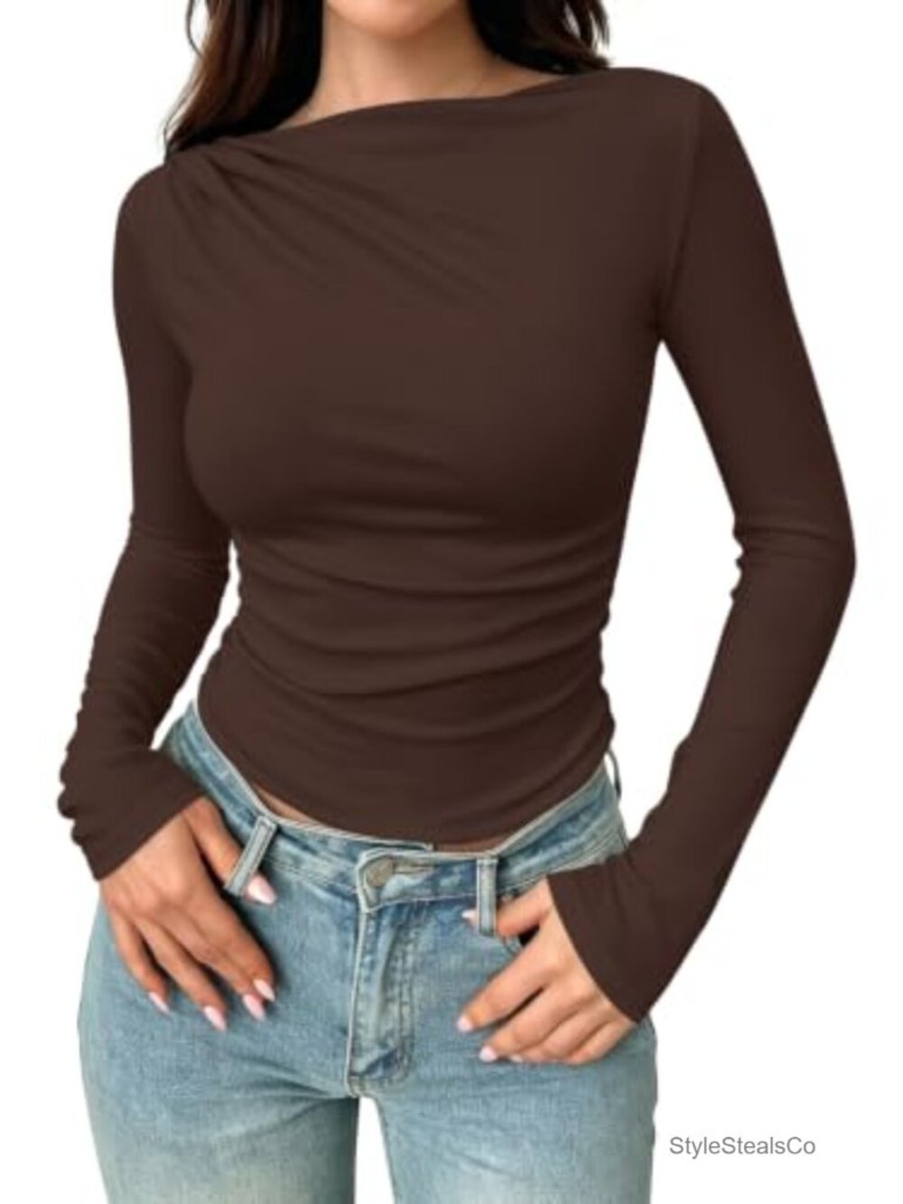 Long Sleeve Ruched Boat Neck Tops for Women Stretchy Soft Pullover Layering Tee